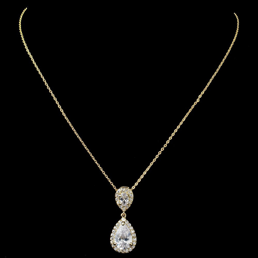 Gold Clear Pave CZ Teardrop Pendant Bridal Wedding Necklace 7761