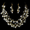 Gold Silk Freshwater Pearl & Clear Crystal Bridal Wedding Necklace Earring Set 7829