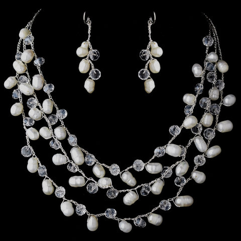 Silver Silk White Pearl Clear Crystal Bridal Wedding Necklace Earring Set 7829