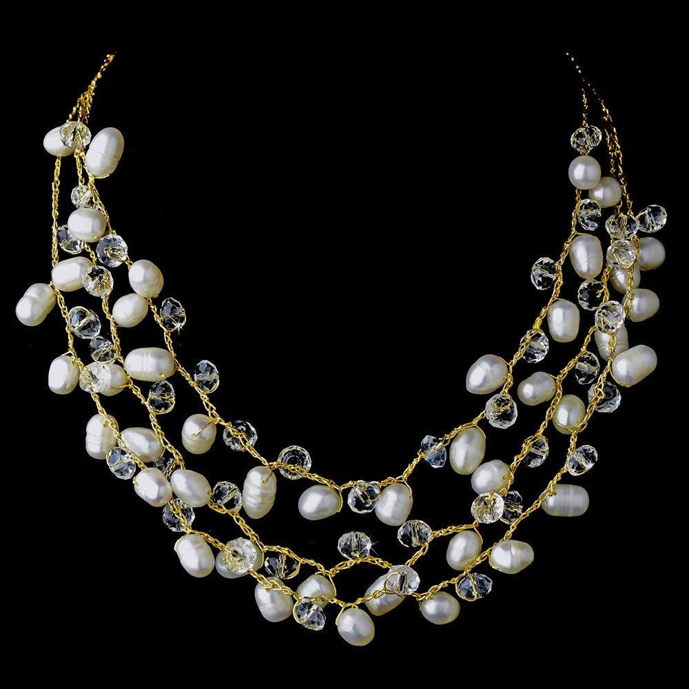 Gold Silk Freshwater Pearl & Clear Crystal Bridal Wedding Necklace Earring Set 7829