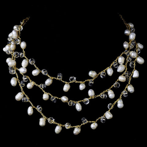 Gold Pearl Clear Bridal Wedding Necklace 7832