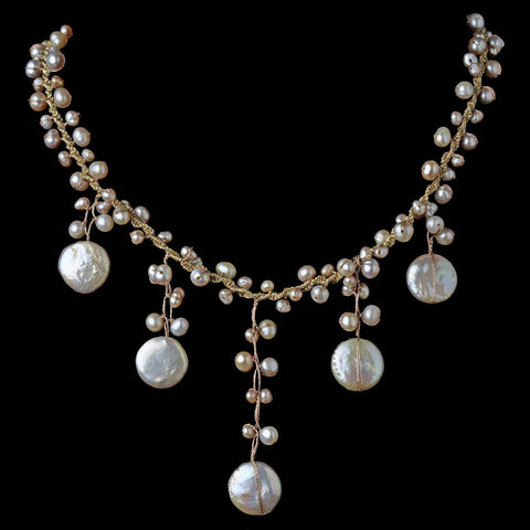 Peach Coin Pearl Drop Silk Bridal Wedding Necklace 7833