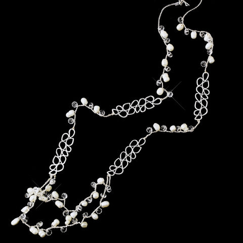 Silver Silk w/ Leaves, Pearls, and Clear Crystals Bridal Wedding Necklace 7834