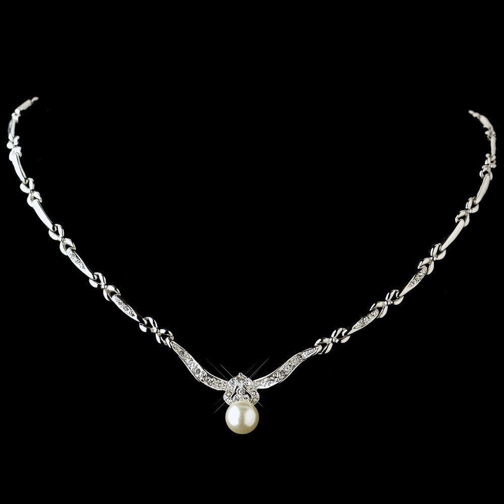 Antique Rhodium Silver Clear Rhinestone & Diamond White Pearl Bridal Wedding Necklace 7862