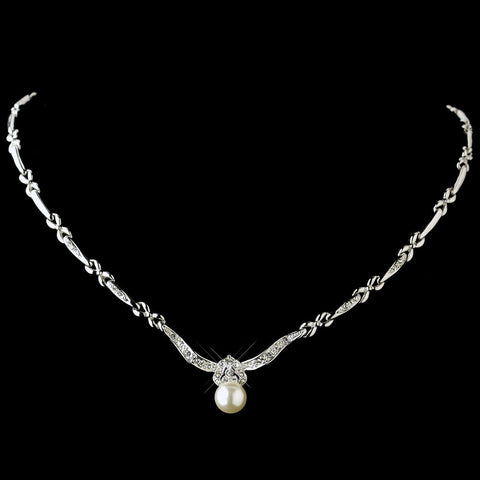Antique Rhodium Silver Clear Rhinestone & Diamond White Pearl Bridal Wedding Necklace 7862