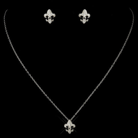 Silver Clear Fleur De Lis Rhinestone Bridal Wedding Necklace 8120 & Earrings 9249 Bridal Wedding Jewelry Set