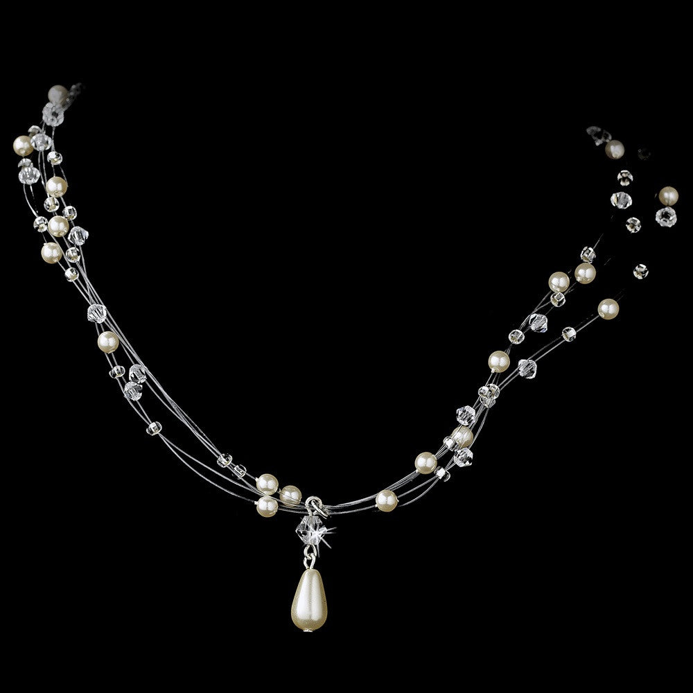Wonderful Silver Pearl & AB Crystal Illusion Bridal Wedding Necklace 8146