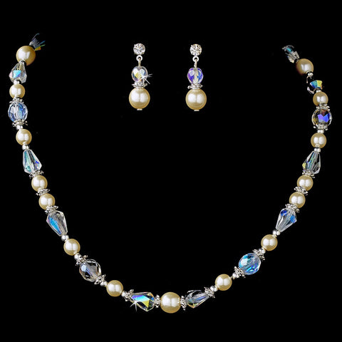 Captivating Silver Pearl & AB Crystal Bead Bridal Wedding Necklace & Earring Set 8148