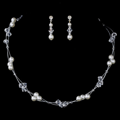 Darling Silver White Pearl & Clear Crystal Bead Bridal Wedding Necklace & Earring Set 8149