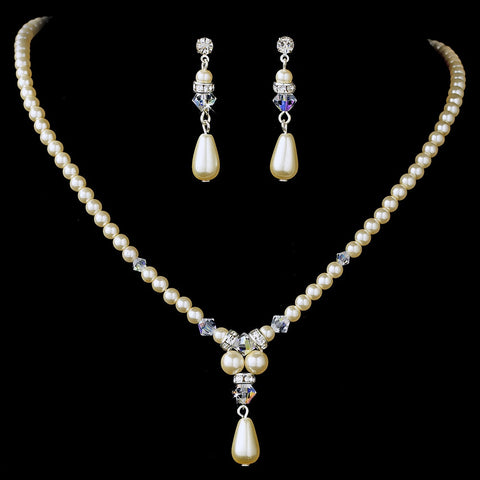 Elegant Silver Pearl & AB Crystal Bridal Wedding Necklace & Earring Set 8151