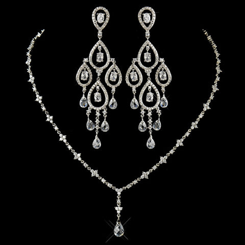 Antique Silver Clear Austrian CZ Crystal Bead Floral Bridal Wedding Necklace 8171 & Chandelier Bridal Wedding Earrings 8627 Bridal Wedding Jewelry Set