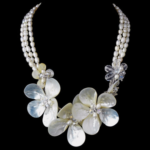 Silver Freshwater Pearl Shell & Swarovski Crystal Bead Bridal Wedding Necklace 8196