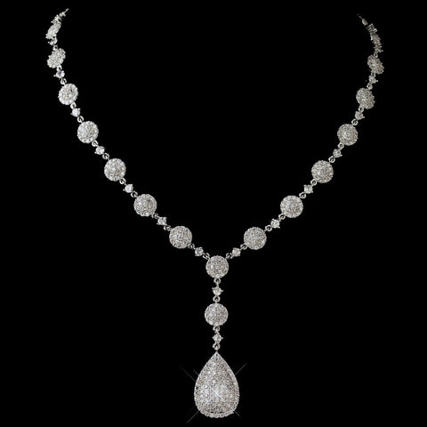 Rhodium Clear Round & Teardrop Pave CZ Crystal Bridal Wedding Necklace 82008