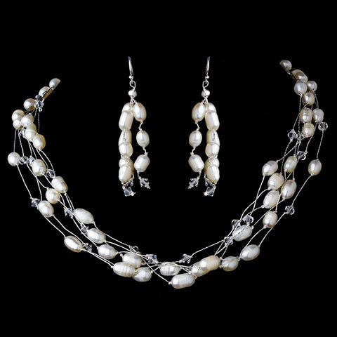 Lovely Multi Strand Freshwater Pearl & Swarovski Crystal Bead Bridal Wedding Necklace & Earring Set 8250