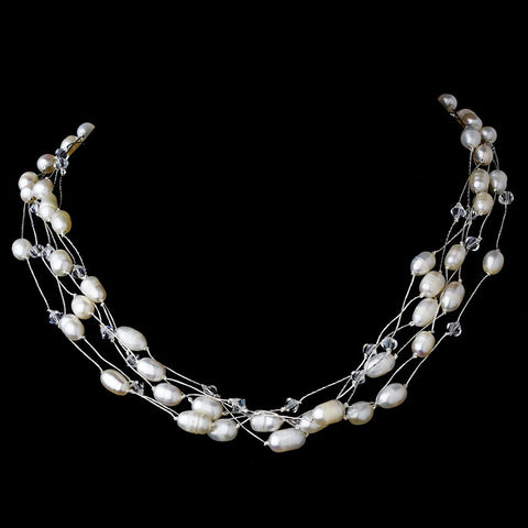 Lovely Multi Strand Freshwater Pearl & Swarovski Crystal Bead Bridal Wedding Necklace & Earring Set 8250