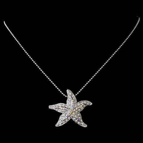 Aurora Borealis Encrusted Starfish Bridal Wedding Necklace Pendant in Silver Plating 8502