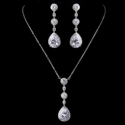 Antique Silver Clear Necklace 8623 & Earrings 8676 Bridal Wedding Jewelry Set