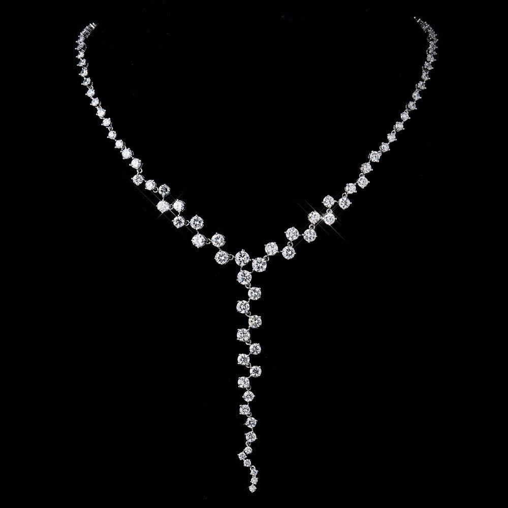Antique Silver Clear CZ Multi Cut Stone Necklace 8649 & Earrings 8654 Bridal Wedding Jewelry Set