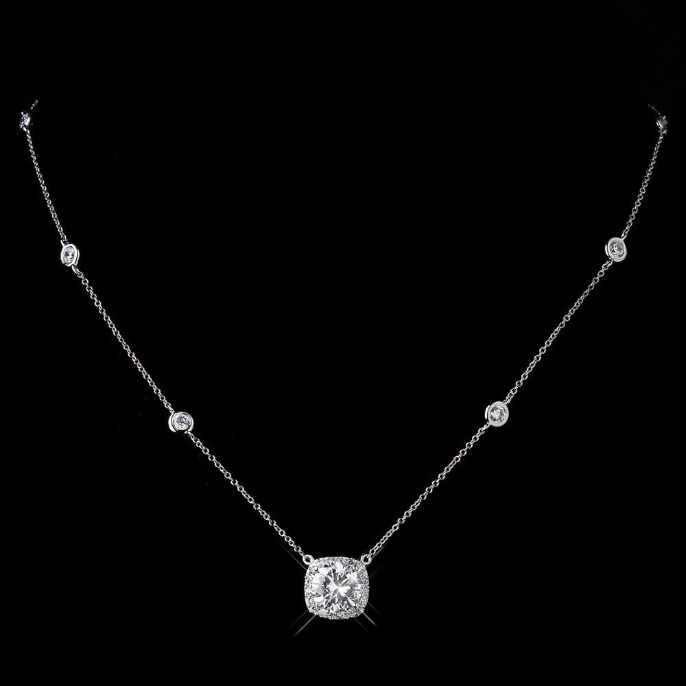 Antique Silver Clear Princess Cut CZ Bridal Wedding Necklace & Earrings 8652