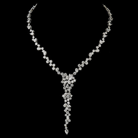 Antique Silver Clear Multi Cut CZ Stone Bridal Wedding Necklace & Earrings 8654