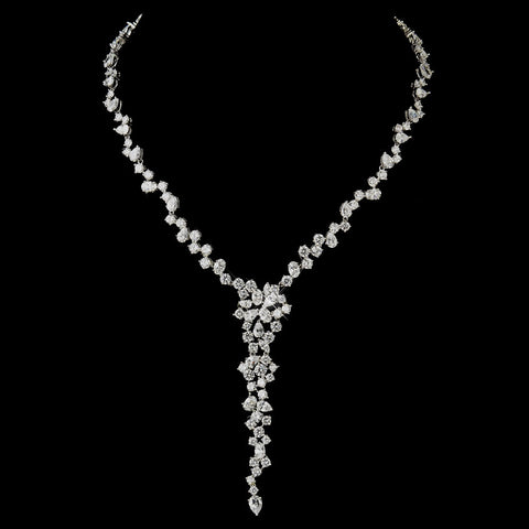 Antique Silver Clear CZ Crystal Bridal Wedding Necklace 8654