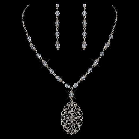 Silver Clear Austrian Crystal & Rhinestone Bridal Wedding Necklace & Earrings 8738