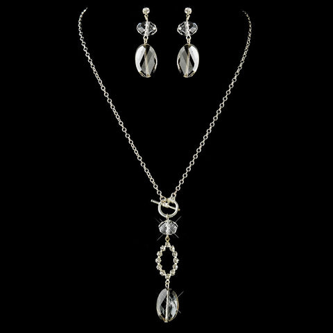 Silver Smoked Crystal Necklace & Dangle Earrings Bridal Wedding Jewelry Set 8739