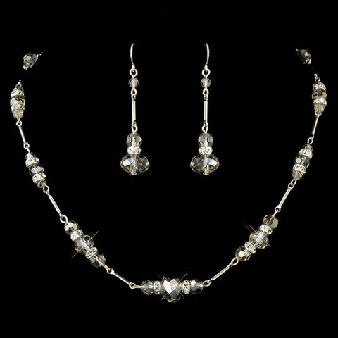 Silver Smoked Crystal & Rhinestone Bridal Wedding Necklace & Earrings Set 8741