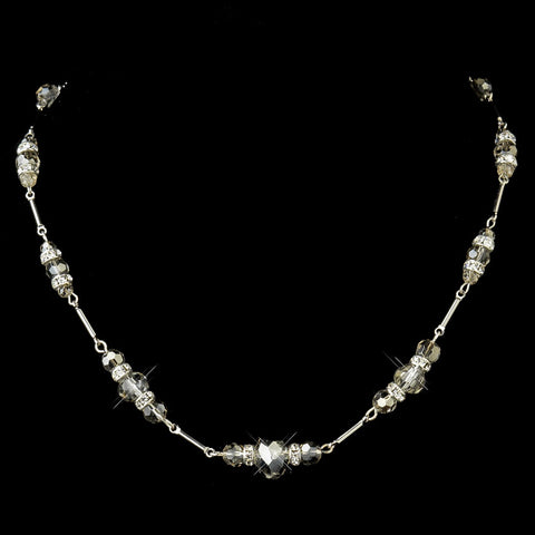 Silver Smoked Crystal & Rhinestone Bridal Wedding Necklace & Earrings Set 8741