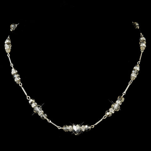 Silver Smoked Crystal & Rhinestone Bridal Wedding Necklace 8741