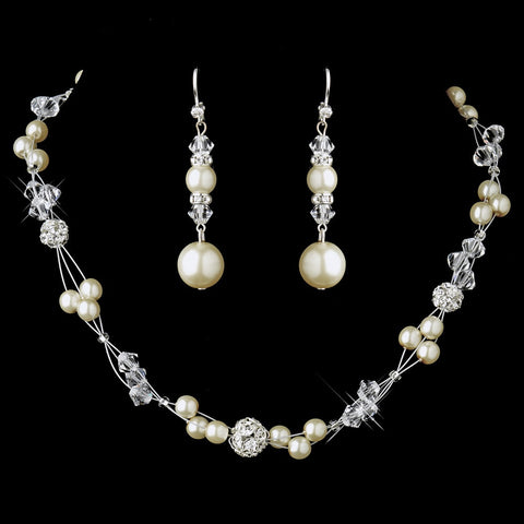 Silver Pearl and Clear Crystal Necklace 8751 & Earrings 8740 Bridal Wedding Jewelry Set