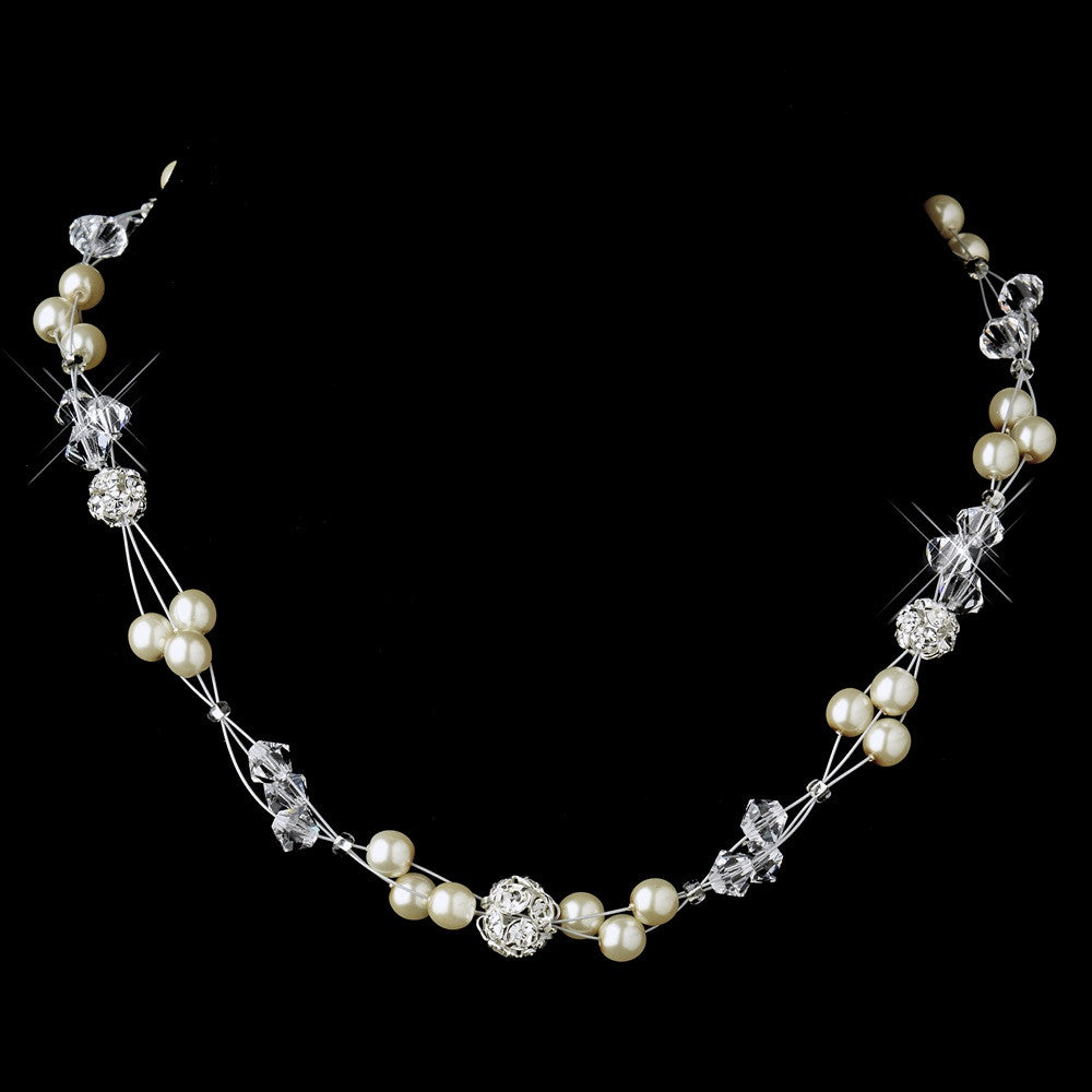 Silver Pearl & Swarovski Crystal Bead Wire Bridal Wedding Necklace 8751