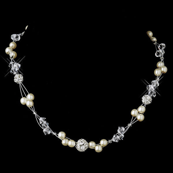 Silver Pearl and Clear Crystal Necklace 8751 & Earrings 8740 Bridal Wedding Jewelry Set