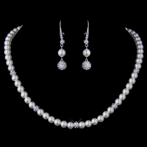 Silver Diamond White Pearl & Clear Rhinestone Pave Ball Necklace 8762 and 8767 Bridal Wedding Set