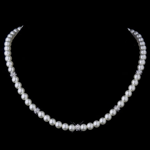 Silver Diamond White Pearl & Clear Rhinestone Pave Ball Necklace 8762 and 8767 Bridal Wedding Set