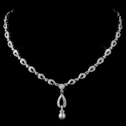 Silver Ivory Pearl & Clear CZ Stone Chain Bridal Wedding Necklace 8763