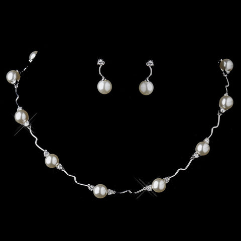 Silver Ivory Pearl and CZ Crystal Bridal Wedding Jewelry Set 8764