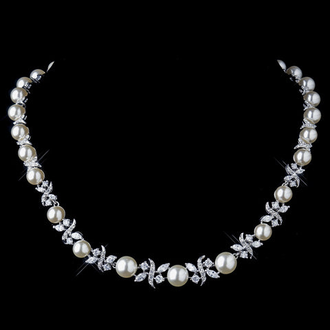 Silver Ivory Pearl and Clear CZ Stone Bridal Wedding Necklace 8765 & Bridal Wedding Earrings 8765