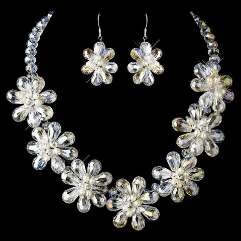 Silver Ivory Pearl & Austrian Crystal Floral Bridal Wedding Necklace 8776 & Bridal Wedding Earrings 8776 Bridal Wedding Jewelry Set