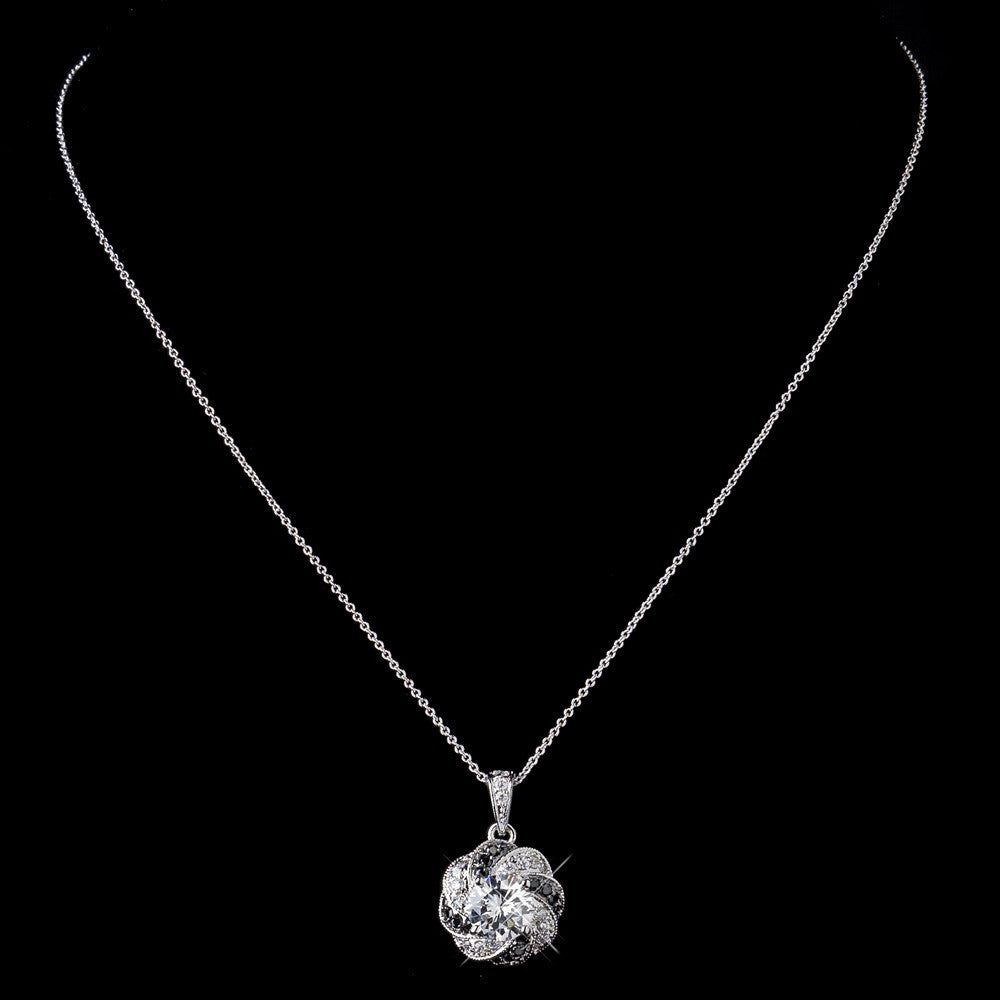 Silver Clear & Black CZ Pendant Bridal Wedding Necklace 8785