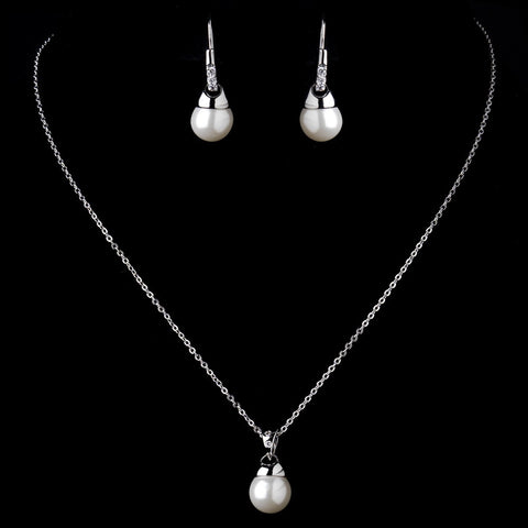 Silver Diamond White Pearl & Clear Rhinestone Dangle Drop Bridal Wedding Jewelry Set 8788