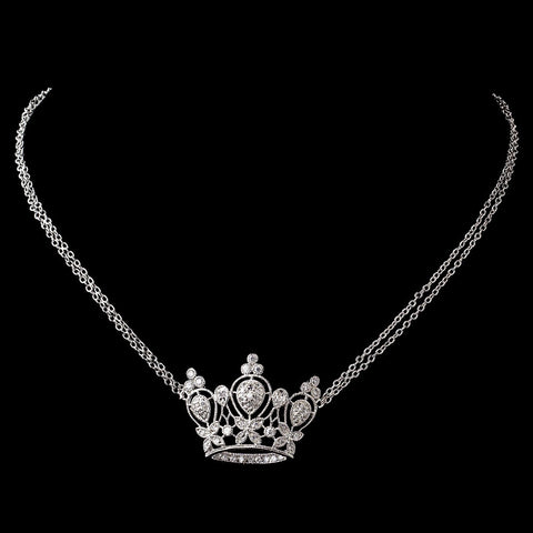 Antique Silver Clear CZ Crystal Crown Bridal Wedding Necklace 8904