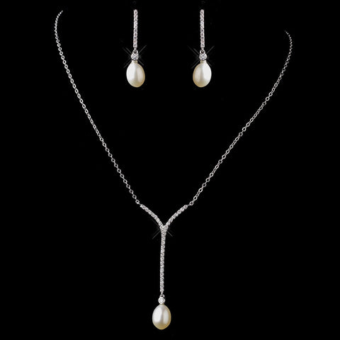 Antique Silver Diamond White Freshwater Pearl Necklace & Earrings Bridal Wedding Jewelry Set 8908