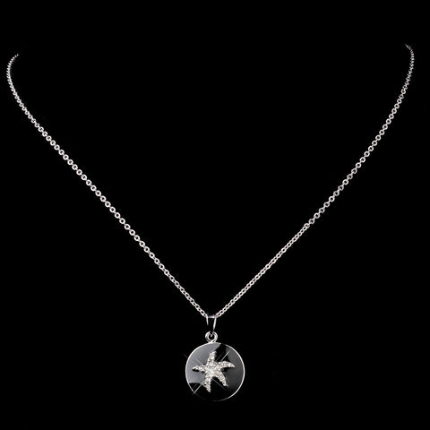 Silver Black Enamel CZ Starfish Bridal Wedding Necklace 8940