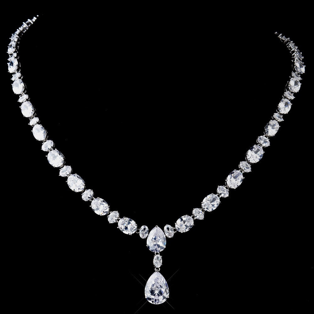 Antique Silver Clear CZ Crystal Bridal Wedding Necklace 8972
