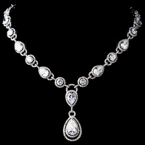 Stunning Antique Silver Clear CZ Crystal Bridal Wedding Necklace 8974