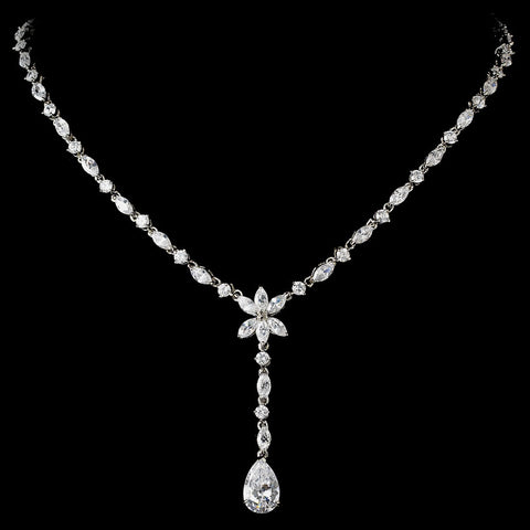Charming Antique Silver Clear CZ Crystal Dangle Bridal Wedding Necklace 9000