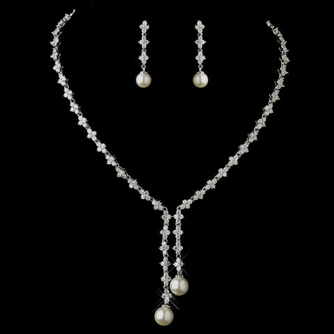 Antique Silver Ivory Pearl & Clear CZ Crystal Double Drop Bridal Wedding Necklace 9017 & Bridal Wedding Earrings 3093 Bridal Wedding Jewelry Set