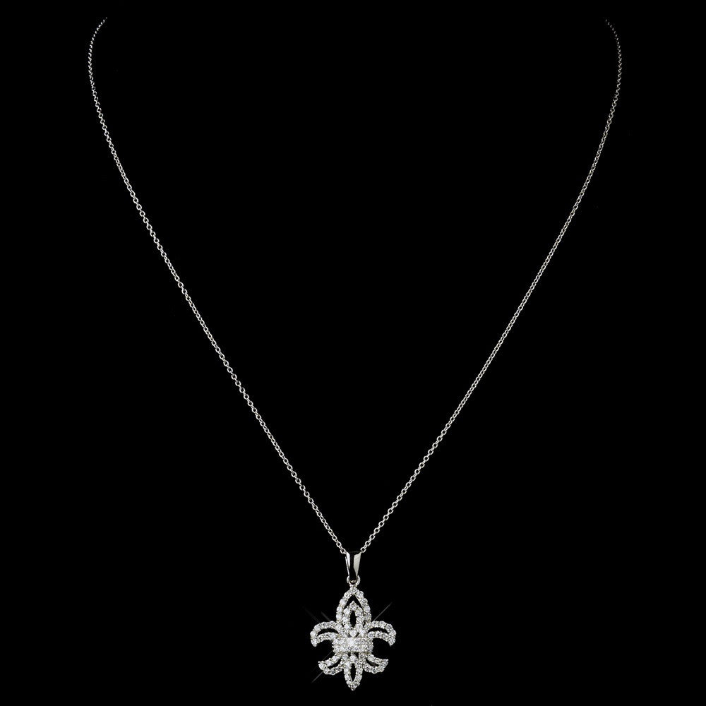 Silver Clear CZ Crystal Fleur De Lis Bridal Wedding Necklace 9250