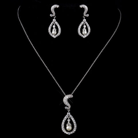 Silver Clear CZ Stone & Pearl Bridal Wedding Necklace & Earrings 9255